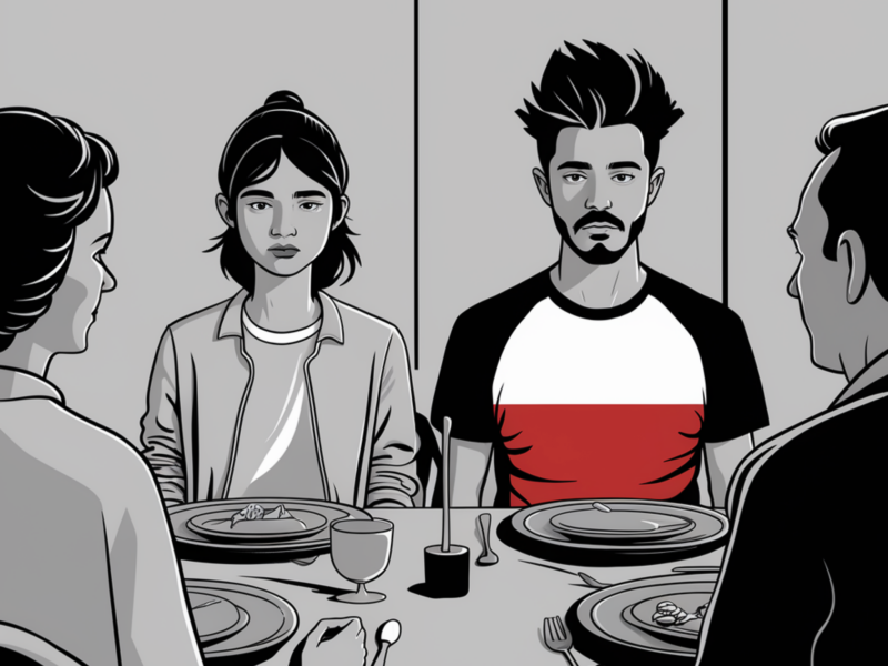 A black and white illustration with an adult man and woman sitting across the table from their parents at dinner. The man is wearing a shirt with the colors of the polish flag on it.
