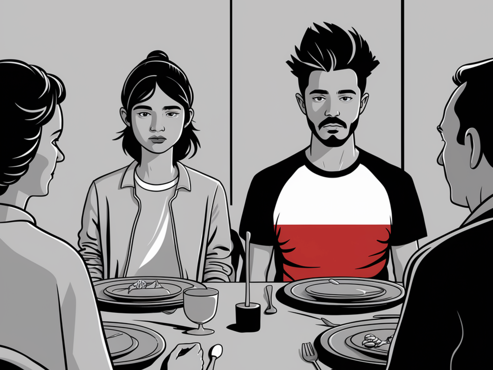 A black and white illustration with an adult man and woman sitting across the table from their parents at dinner. The man is wearing a shirt with the colors of the polish flag on it.