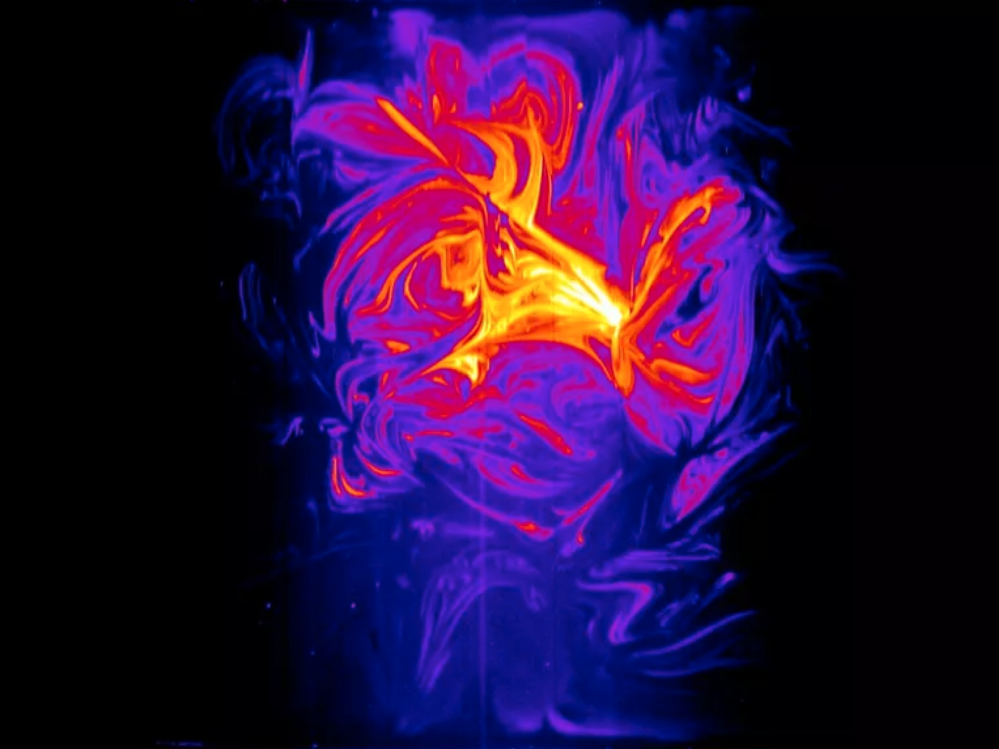 A fluorescent purple and yellow swirl, in the style of a technical mapping such as through infrared