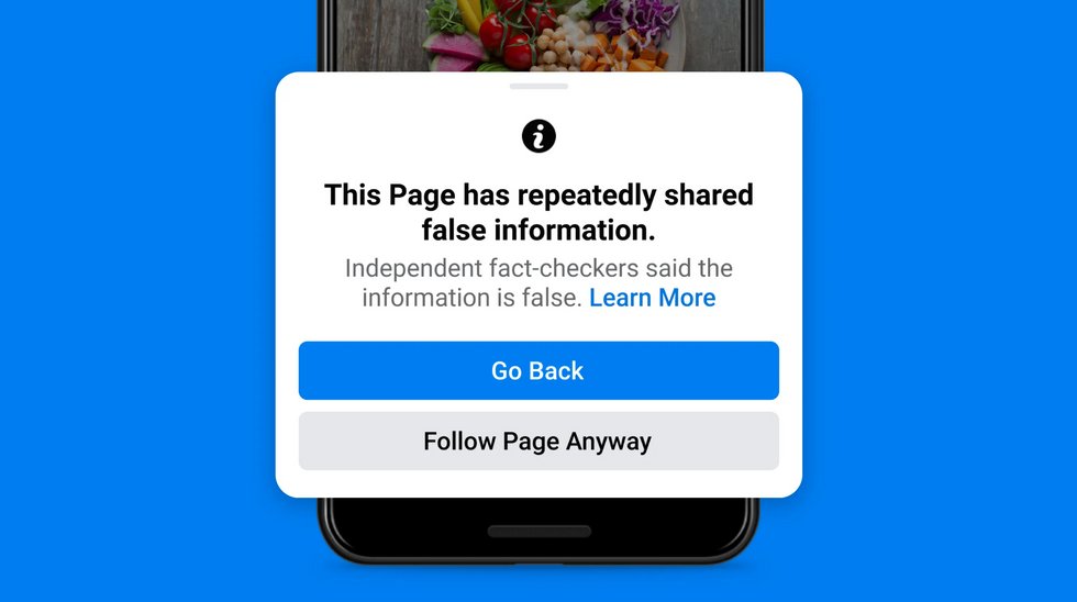 A pop up shows a note that says "This Page has repeatedly shared false information."