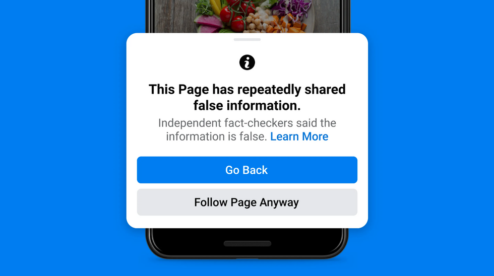 A pop up shows a note that says "This Page has repeatedly shared false information."