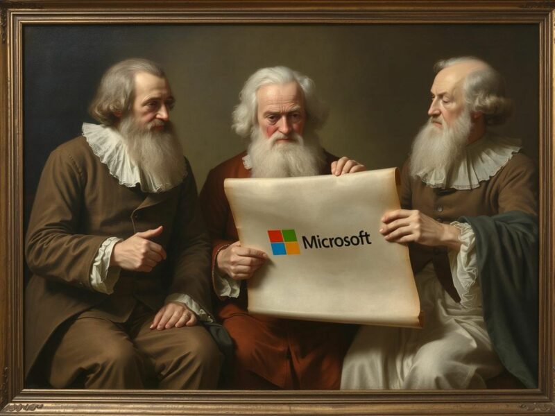 AI-generated image of men holding a paper with Microsoft logo on it.