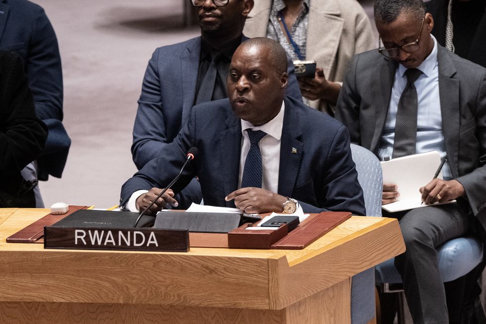 Ambassador Ernest Rwamucyo of Rwanda speaks during a Security Council meeting on the situation in the DRC, at the UN Headquarters in New York.