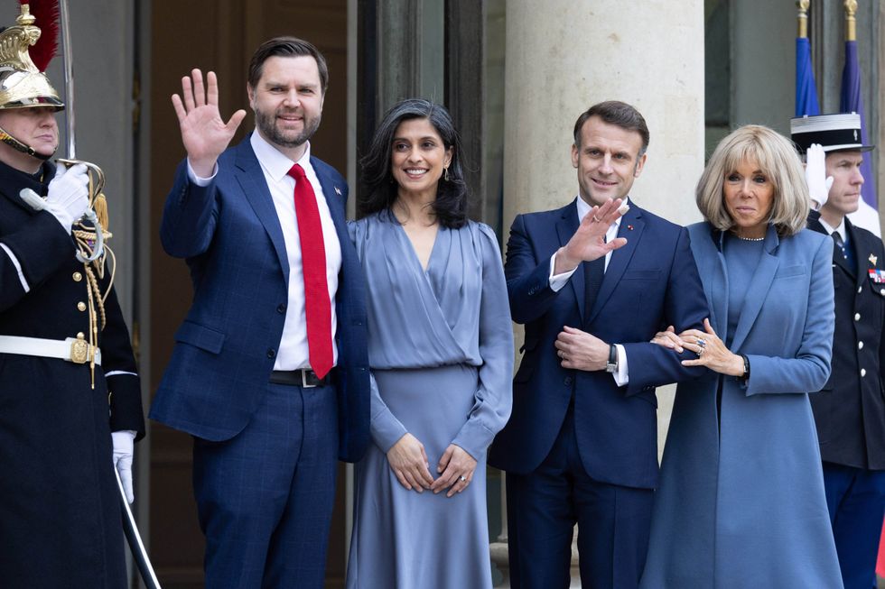 French President Emmanuel Macron and his wife Brigitte Macron welcome US Vice President J.D. Vance and his wife Usha Vance