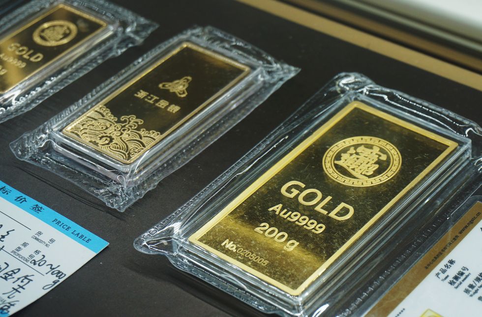 Gold bar for investment presented in a gold store in Hangzhou, China.