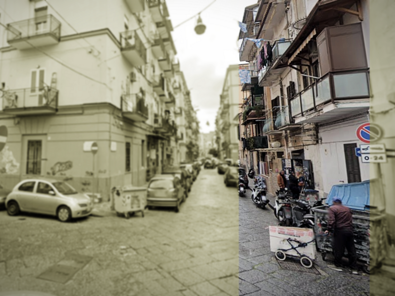 Google Street View screenshot of a person searching through a dumpster in Naples, Italy