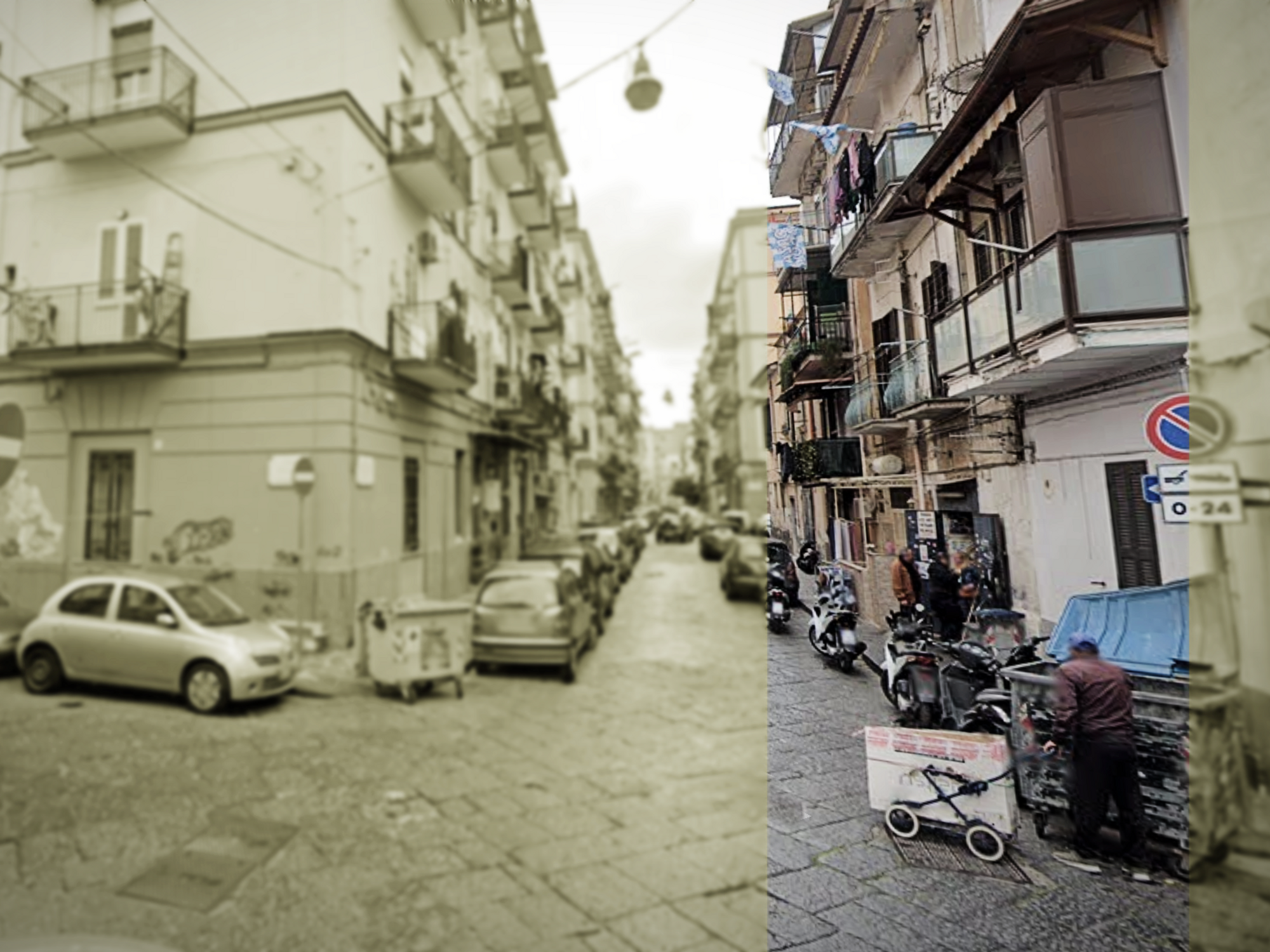 Google Street View screenshot of a person searching through a dumpster in Naples, Italy