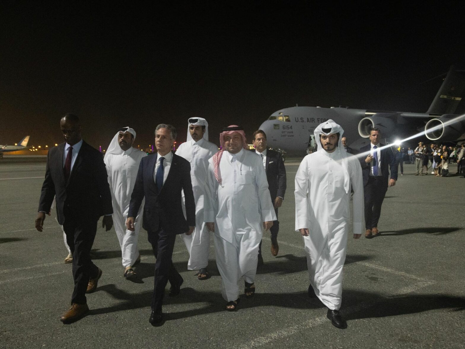 Handout photo shows Secretary of State Antony J. Blinken arrives in Doha, Qatar on Tuesday, August 20, 2024