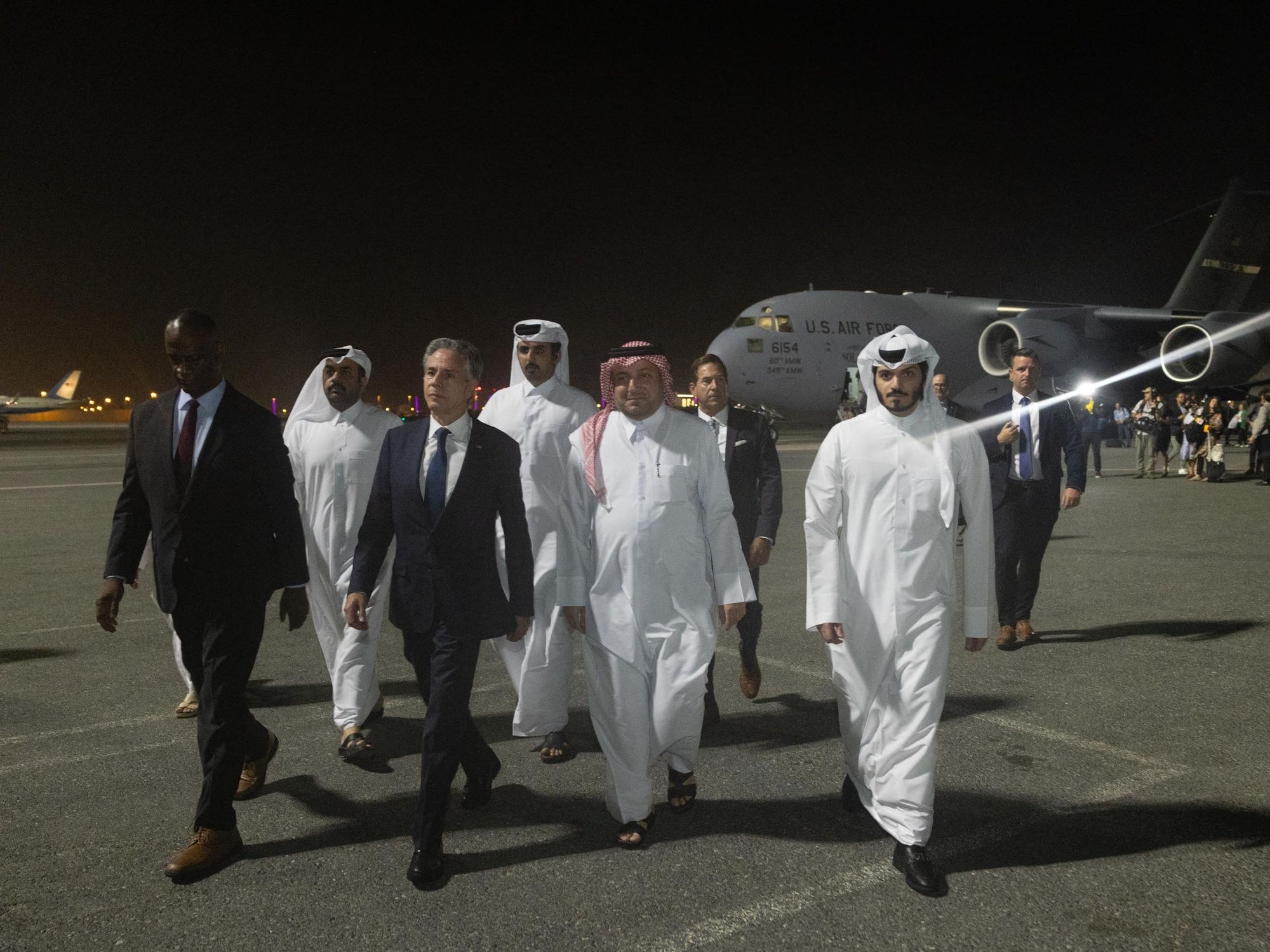 Handout photo shows Secretary of State Antony J. Blinken arrives in Doha, Qatar on Tuesday, August 20, 2024