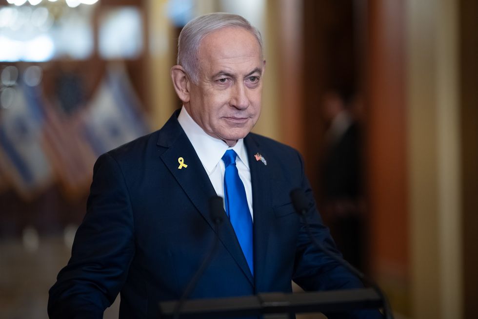 Israeli Prime Minister BENJAMIN ''BIBI'' NETANYAHU gives a few remarks to the press before giving a controversial speech before a joint session of Congress
