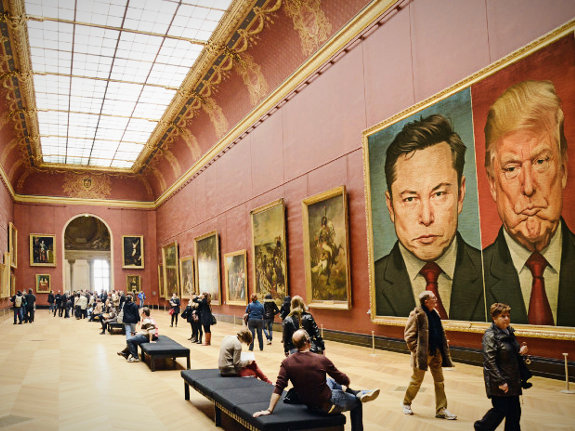 Montage of a painting of Trump and Musk hanging at the Louvre
