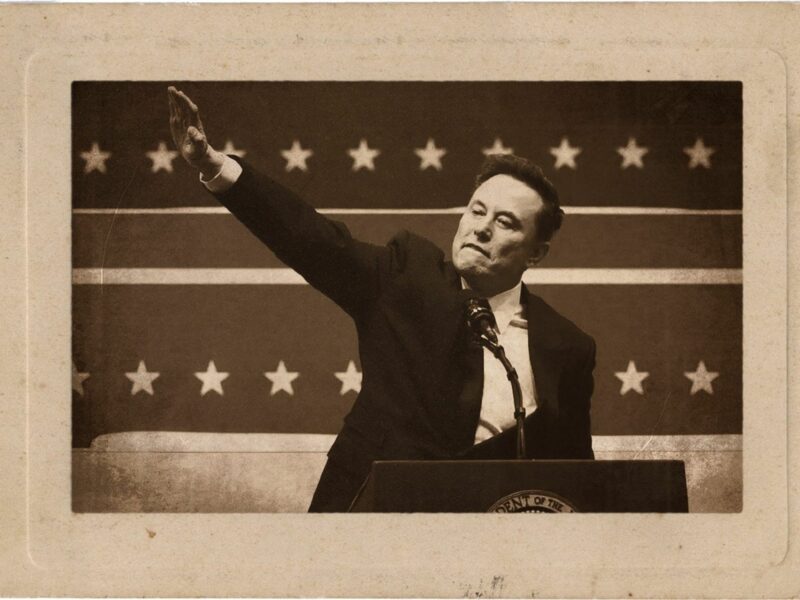 Montage of the photo of Elon Musk giving the Nazi salute during Trump's inauguration, in sepia tones and old-looking frame