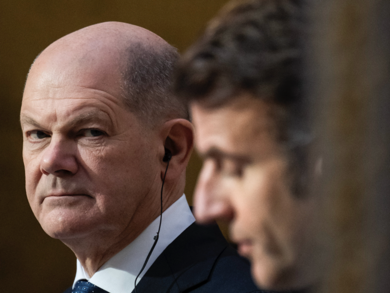 Photo of German Chancellor Olaf Scholz and French President Emmanuel Macron during a press conference after their meeting at the Elysee Presidential Palace in Paris on Jan. 22, 2025.
