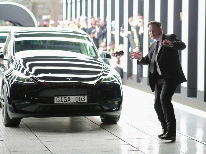 Photo of Tesla CEO Elon Musk goofing around in Germany's Tesla Gigafactory Berlin-Brandenburg.