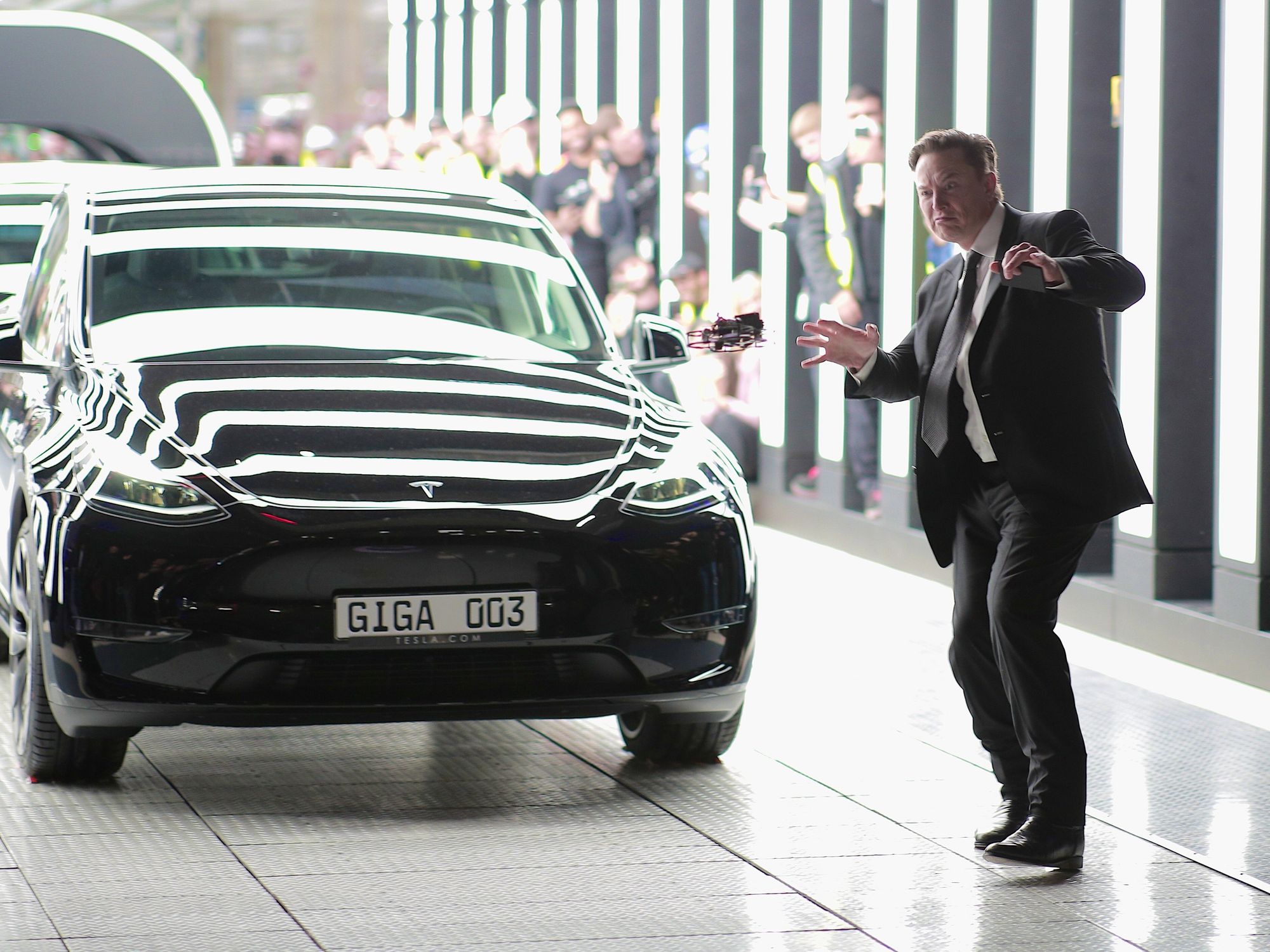 Photo of Tesla CEO Elon Musk goofing around in Germany's Tesla Gigafactory Berlin-Brandenburg.