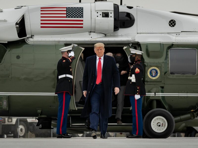 Photo of U.S. President Donald Trump stepping off the Marine One helicopter in Harlingen, Texas, back in January 2021.