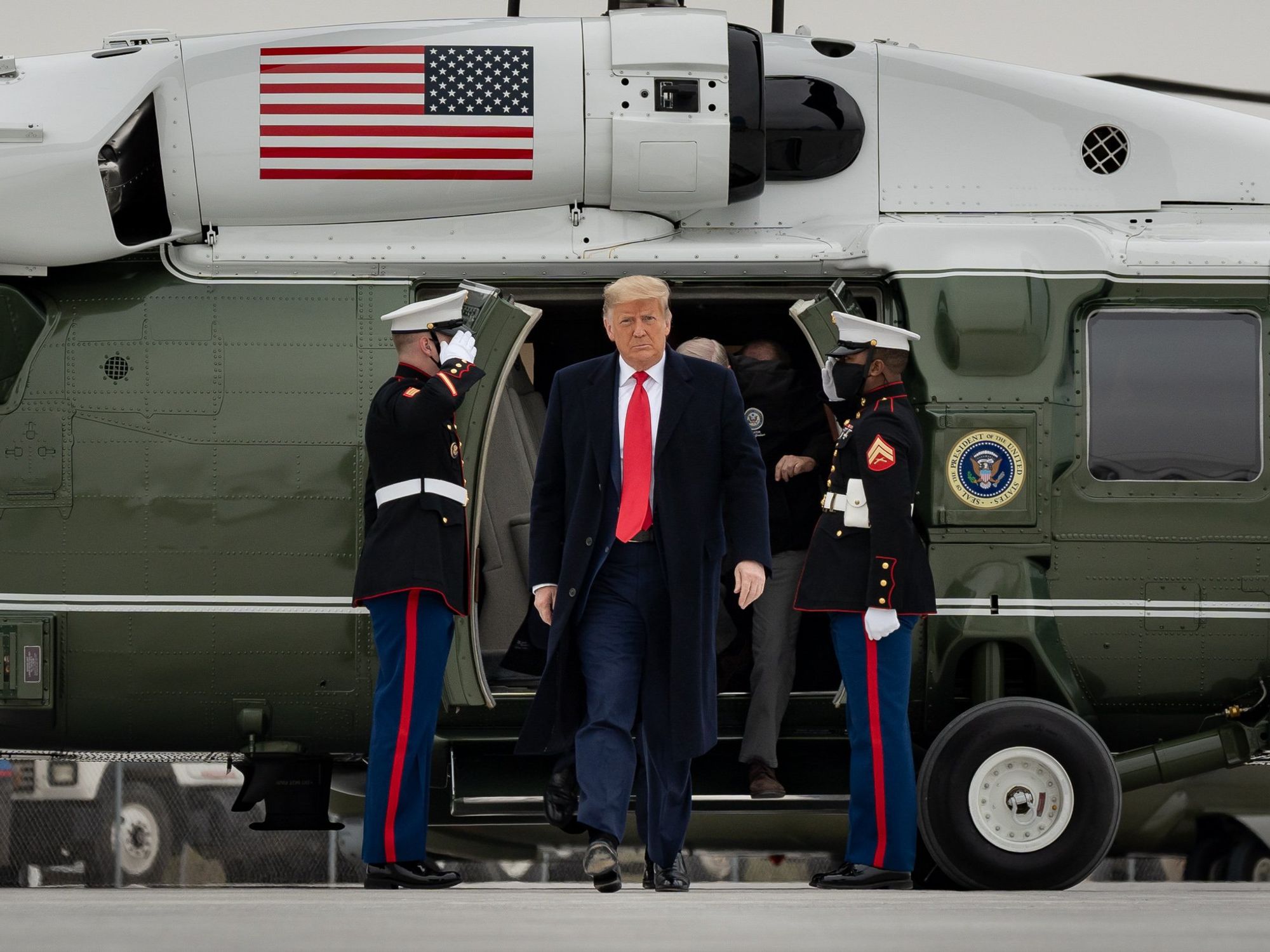 Photo of U.S. President Donald Trump stepping off the Marine One helicopter in Harlingen, Texas, back in January 2021.