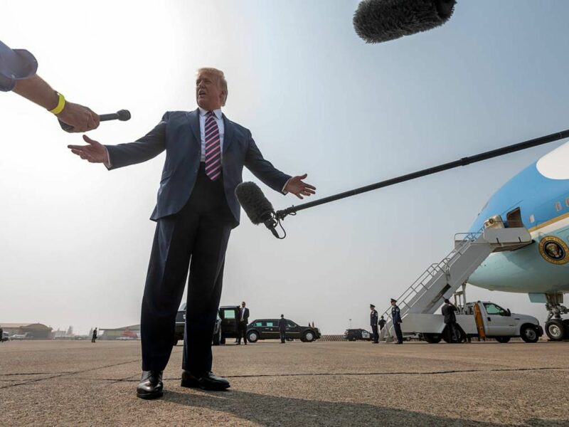 President Donald Trump speaks to the media at Sacramento McClellan Airport on Sept. 14, 2020