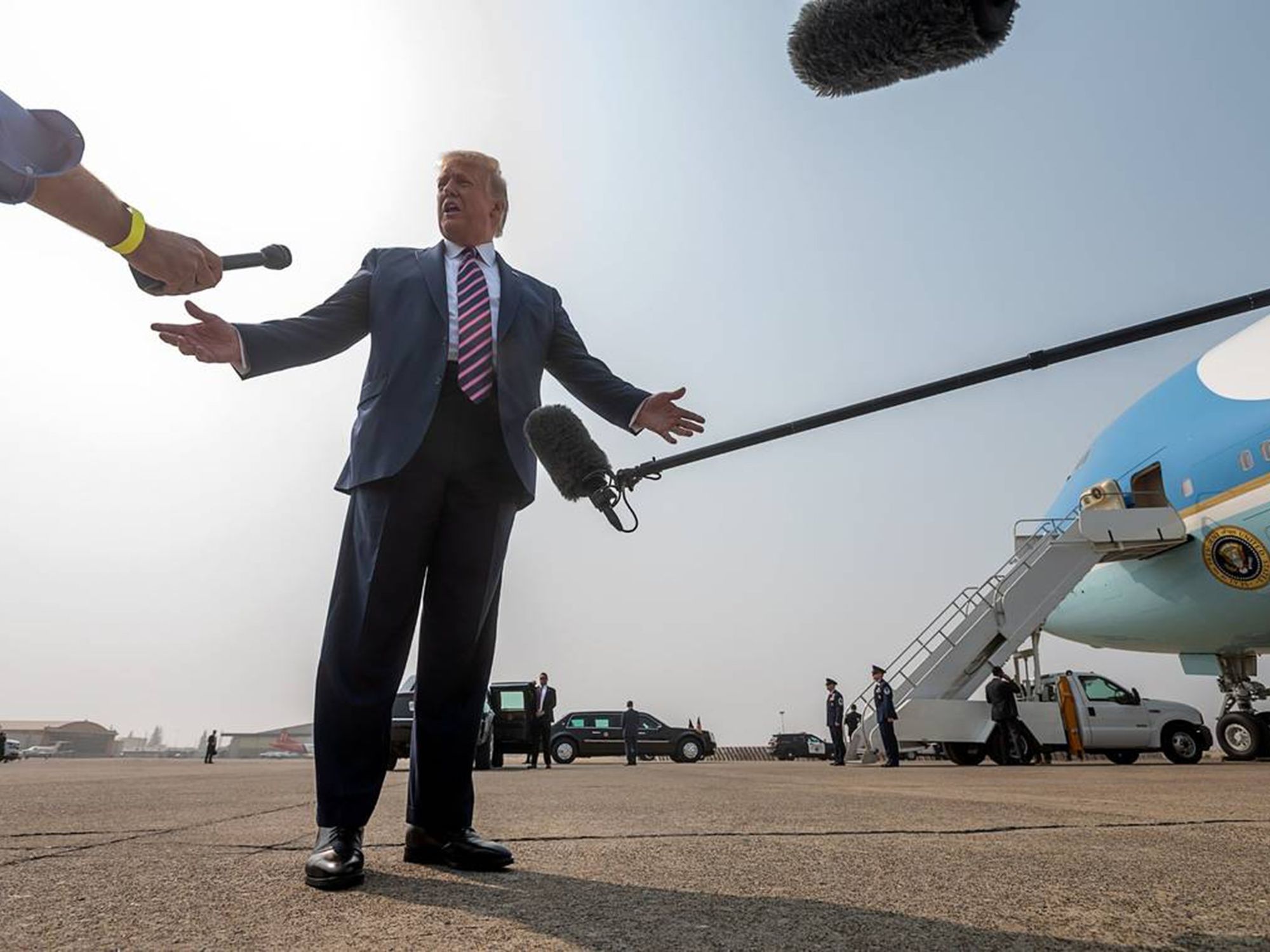 President Donald Trump speaks to the media at Sacramento McClellan Airport on Sept. 14, 2020