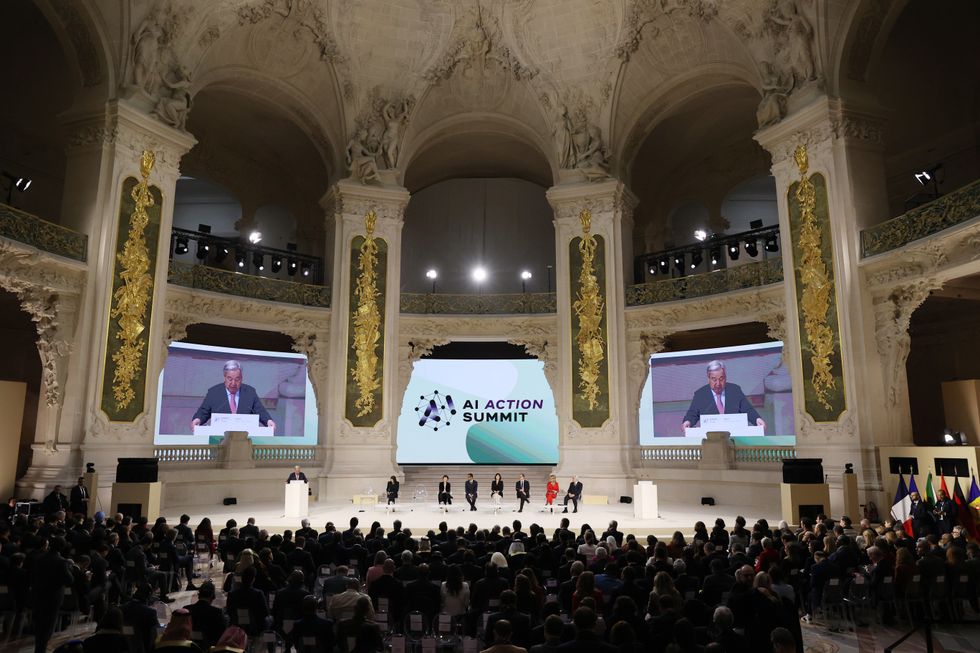 Secretary-General of the United Nations Antonio Guterres speaks during a plenary session at the Artificial Intelligence (AI) Action Summit
