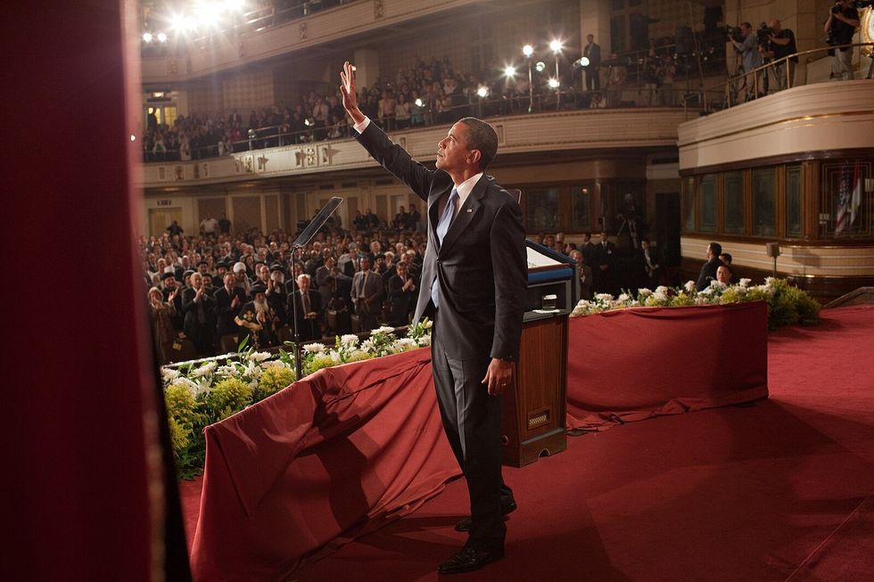 Then U.S. President Barack Obama waving at the crowd after delivering a speech at Cairo University in Cairo, Egypt on June 4, 2009.