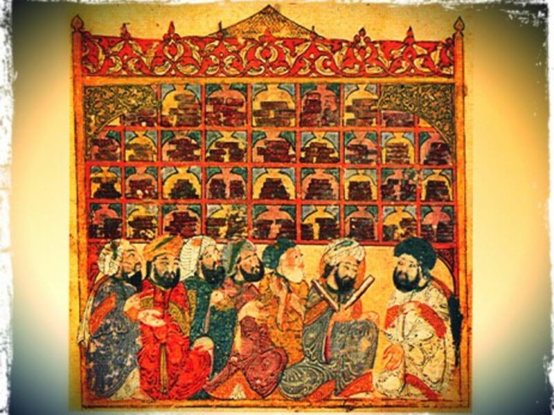 13th century manuscript depicting scholars at an Abbasid library