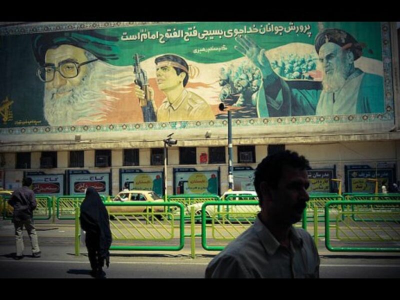 A billboard celebrating the leaders of the revolution in Tehran