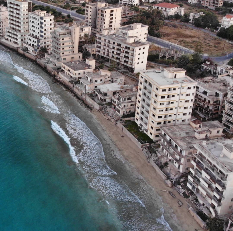 A bird's eye view photograph of Varosha's beach