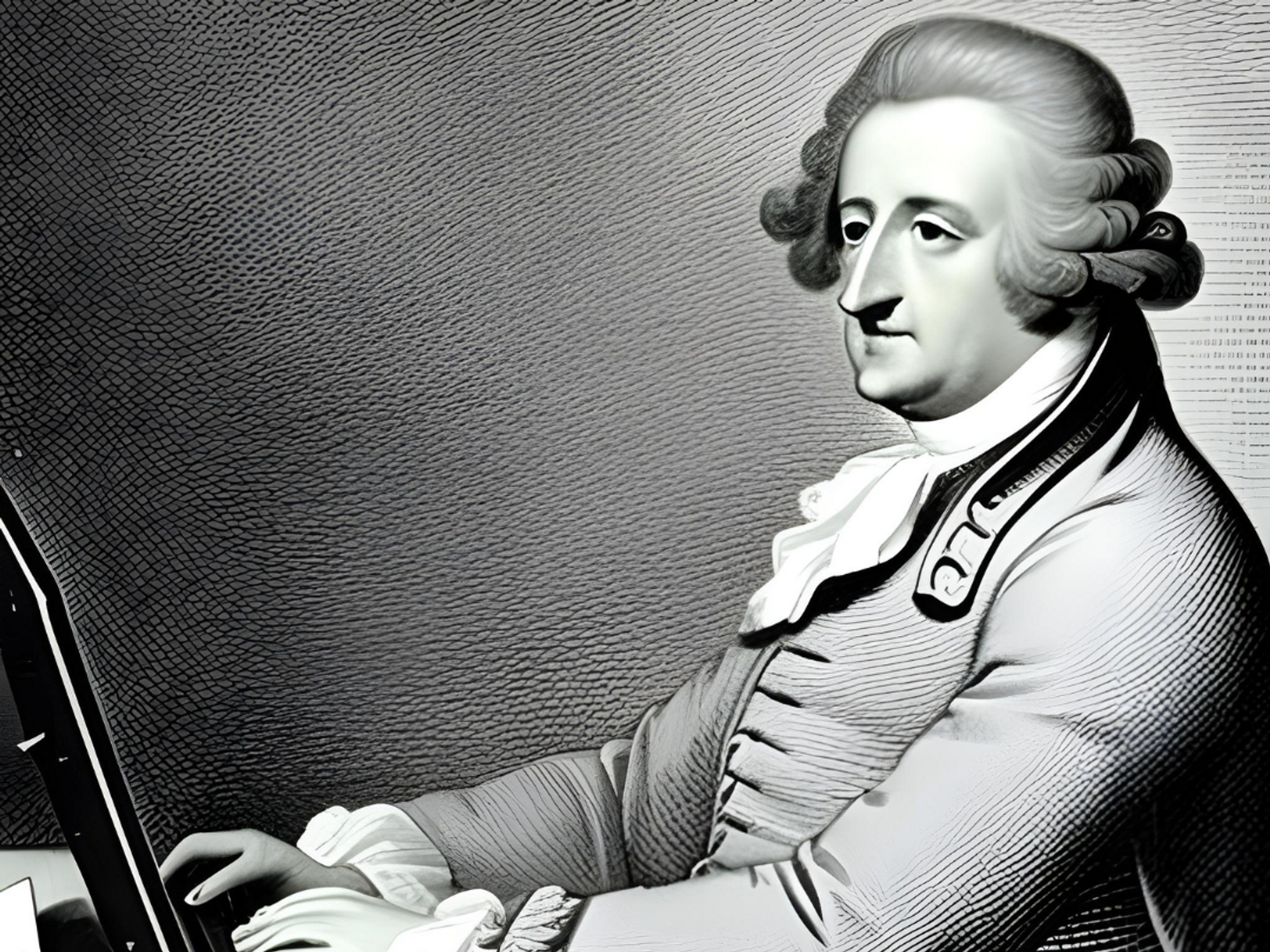 A black and white A.I. generated picture of Goethe using a laptop.