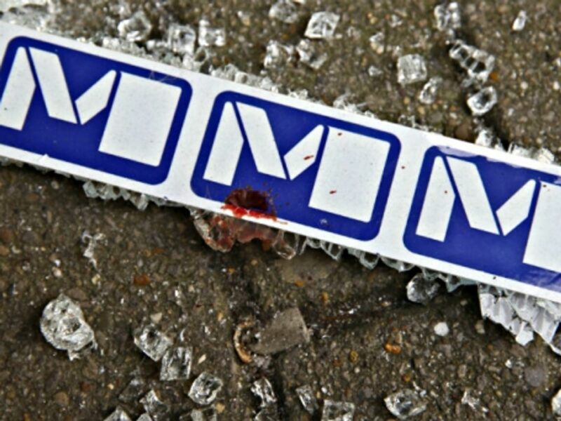 A Brussels metro logo stained with blood near the Maalbeek station after Tuesday's attack.