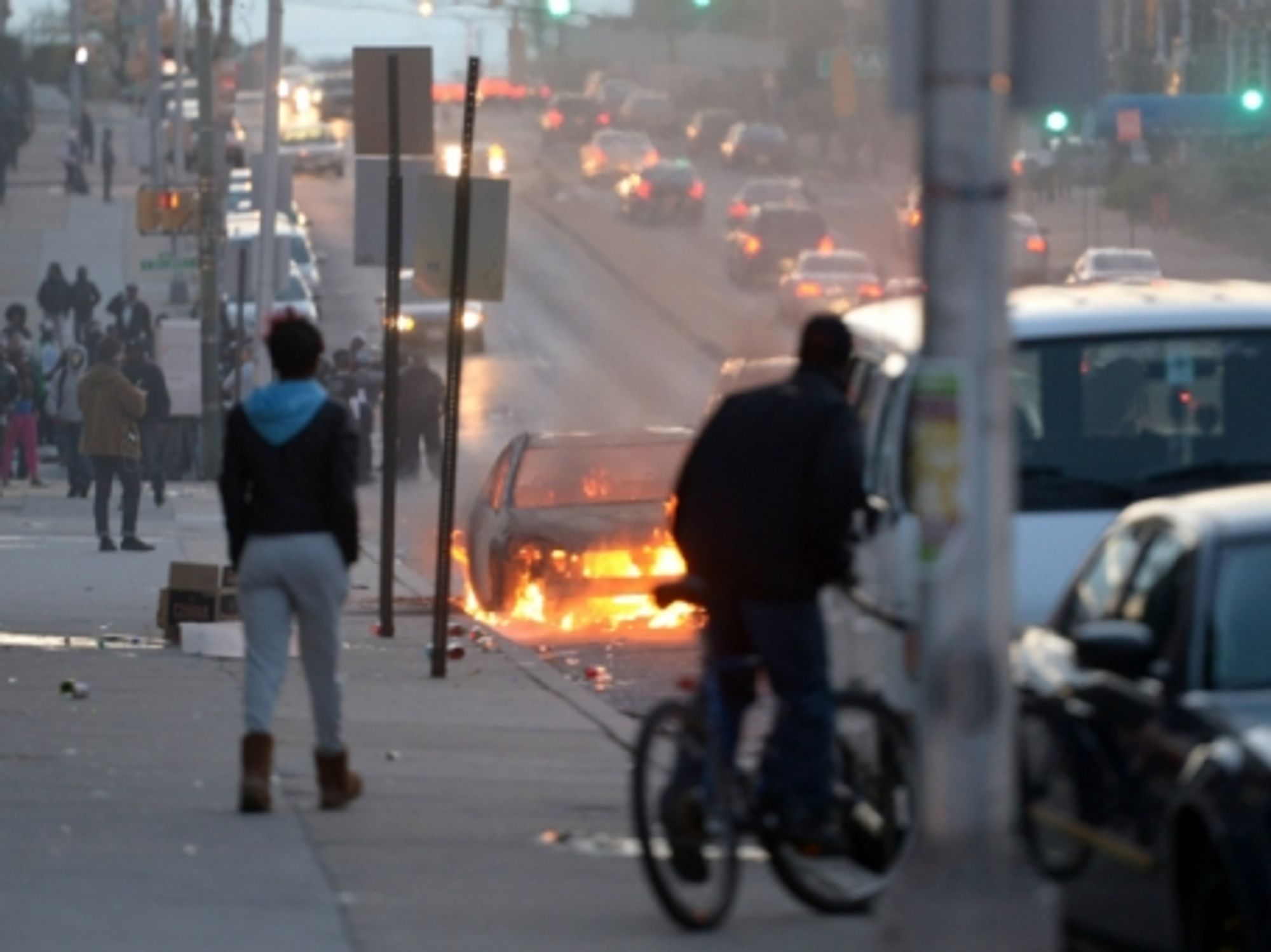 A car burning on the streets of Baltimore
