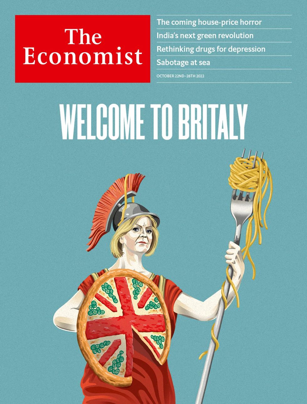 A caricature of Liz Truss as a Roman statue on the cover of The Economist