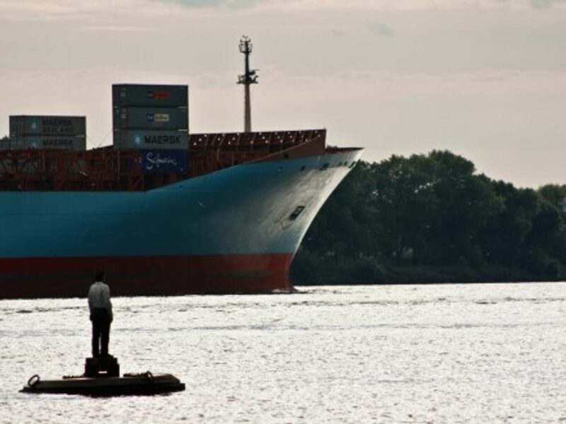 A container ship leaving Hamburg