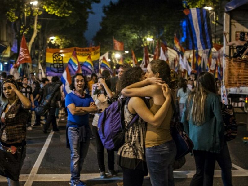 A couple kissing during the Buenos Aires LBGTIQ Pride Parade in 2013