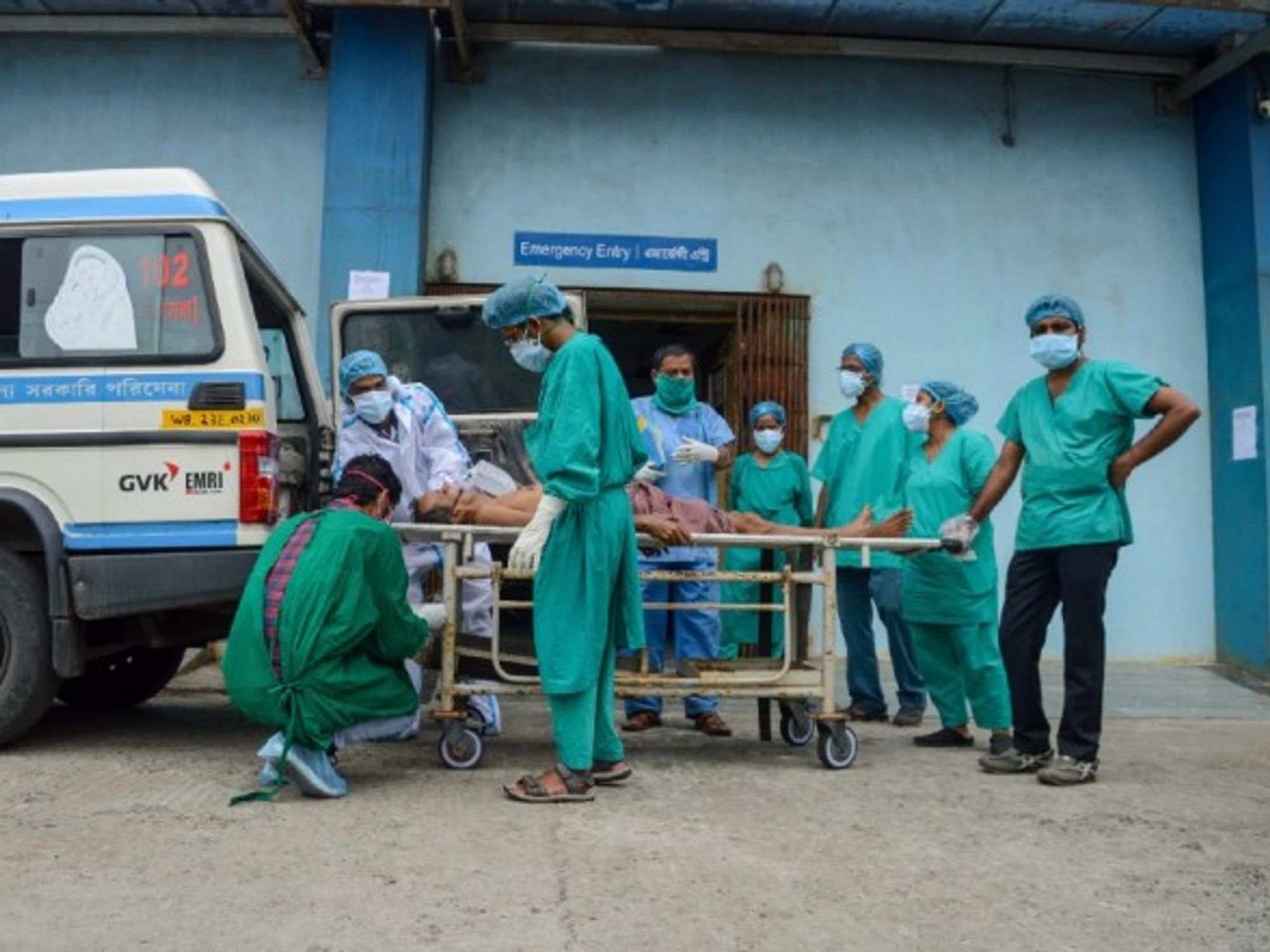 A critical COVID patient is taken to a COVID care hospital, in Kolkata, India, in April 2021.