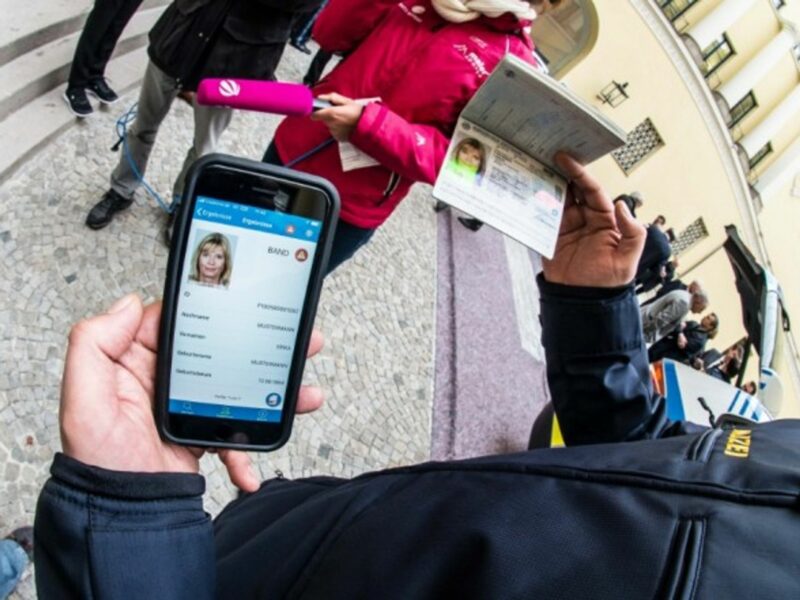 A demonstration of the use of smartphones to verify passports in Munich in May 2018