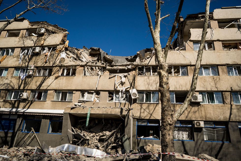 A destroyed hotel in Mykolaiv, Ukraine