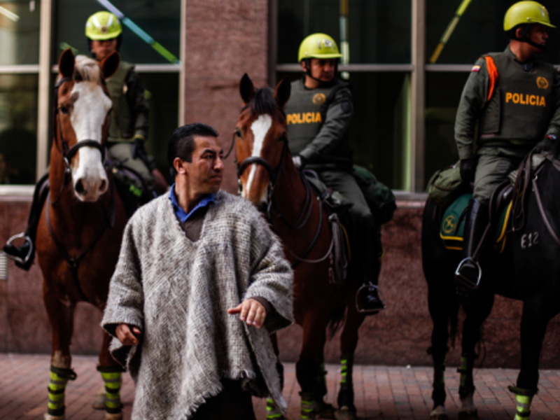A farmer participates in the demonstration supporting the agricultural national strike in Bogota.