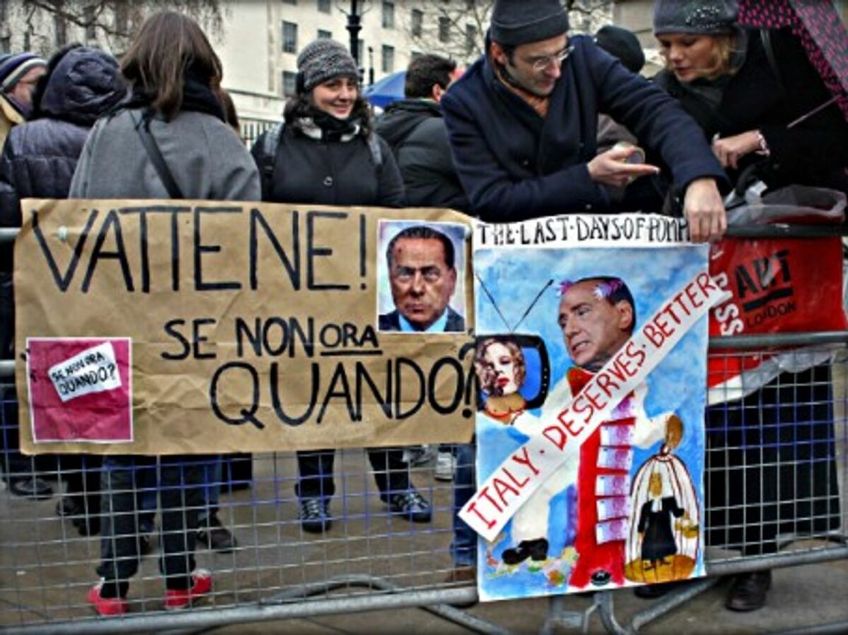 A February 2013 protest against Silvio Berlusconi in London