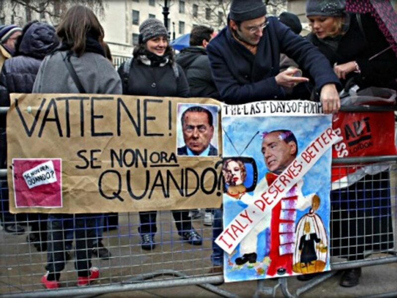 A February 2013 protest against Silvio Berlusconi in London