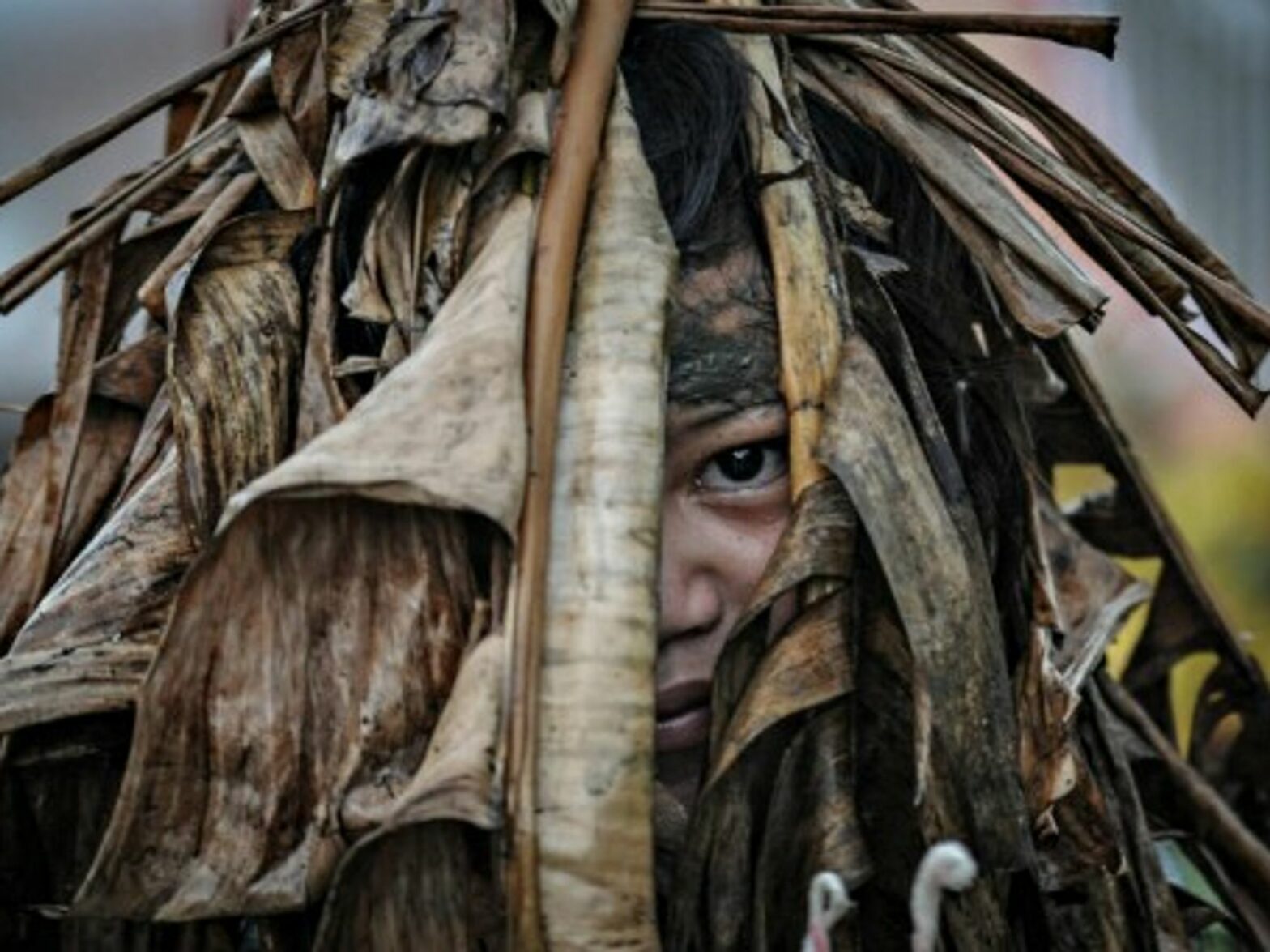 A Filipino devotee is covered in mud and dried leaves during a religious tradition marking the Taong Putik festival in northern Philippines.