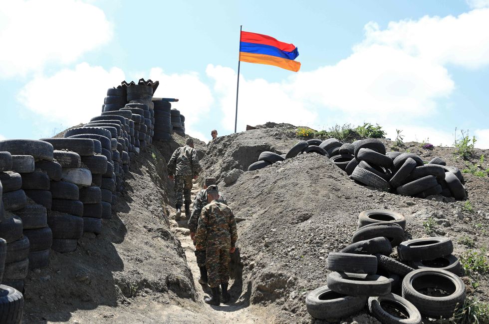A flag over an observation post at an Armenian checkpoint