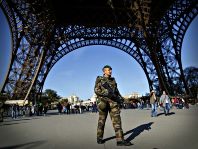 A French soldier patrolling the Eiffel Tower on Monday