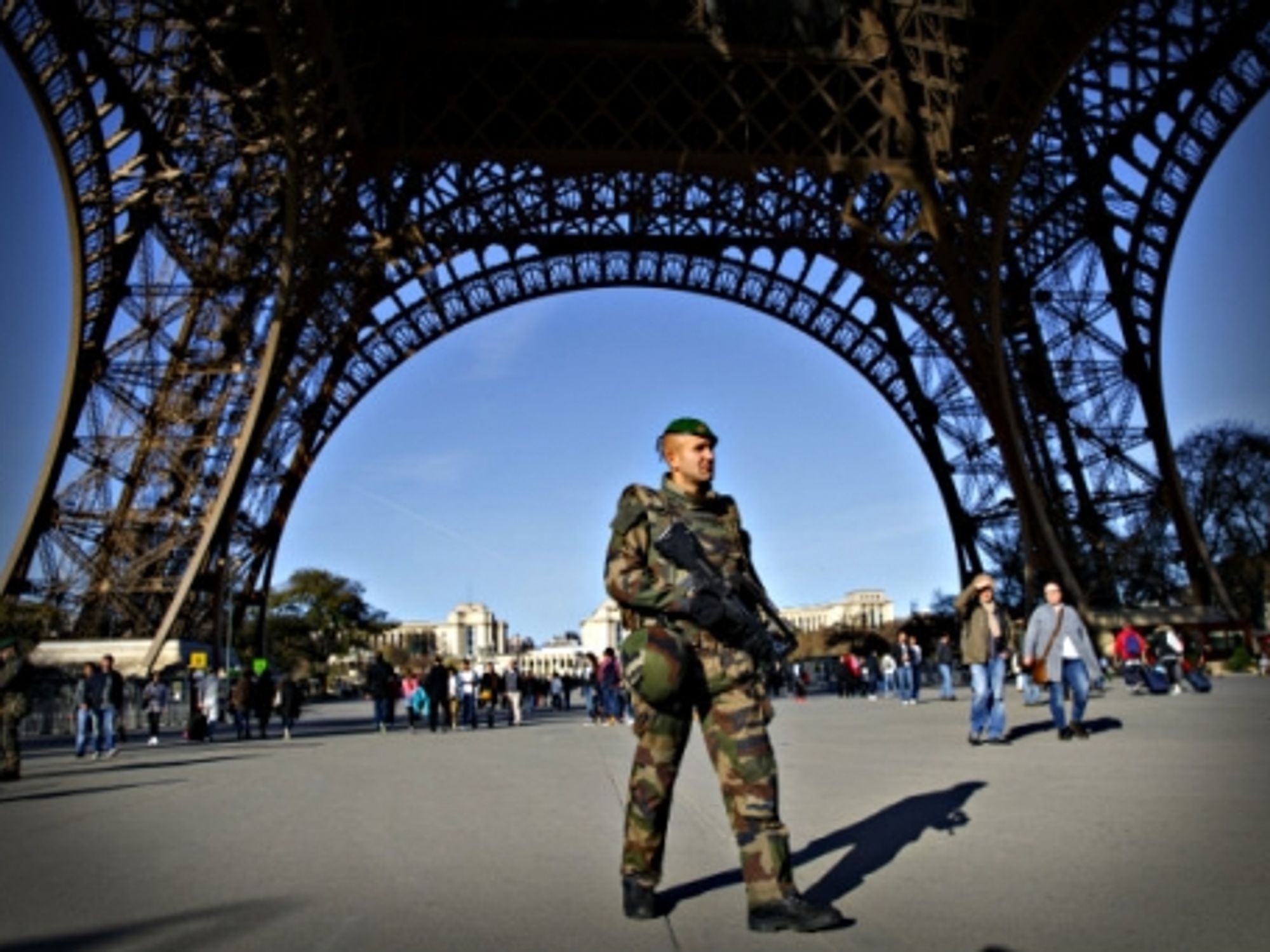 A French soldier patrolling the Eiffel Tower on Monday