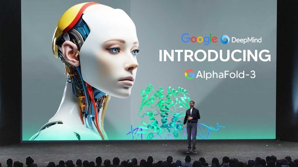 A Google presentation with an employee in front of a screen, on which is pictured a humanoid robot head and some DNA-like proteins.
