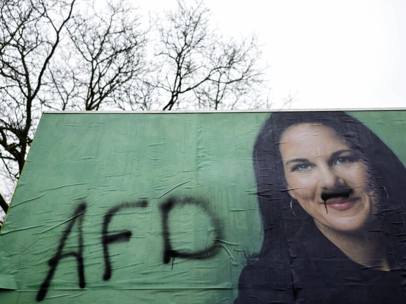A Green Party election poster with the likeness of Foreign Minister Annalena Baerbock Greens for the 2025 federal election was defaced by unknown persons