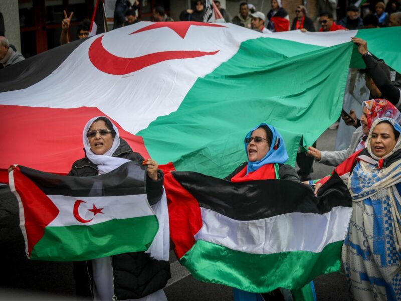 A group of Sahrawi women protesters carry flags of Western Sahara and Palestine during a pro-Sahrawi demonstration in the center of Madrid.