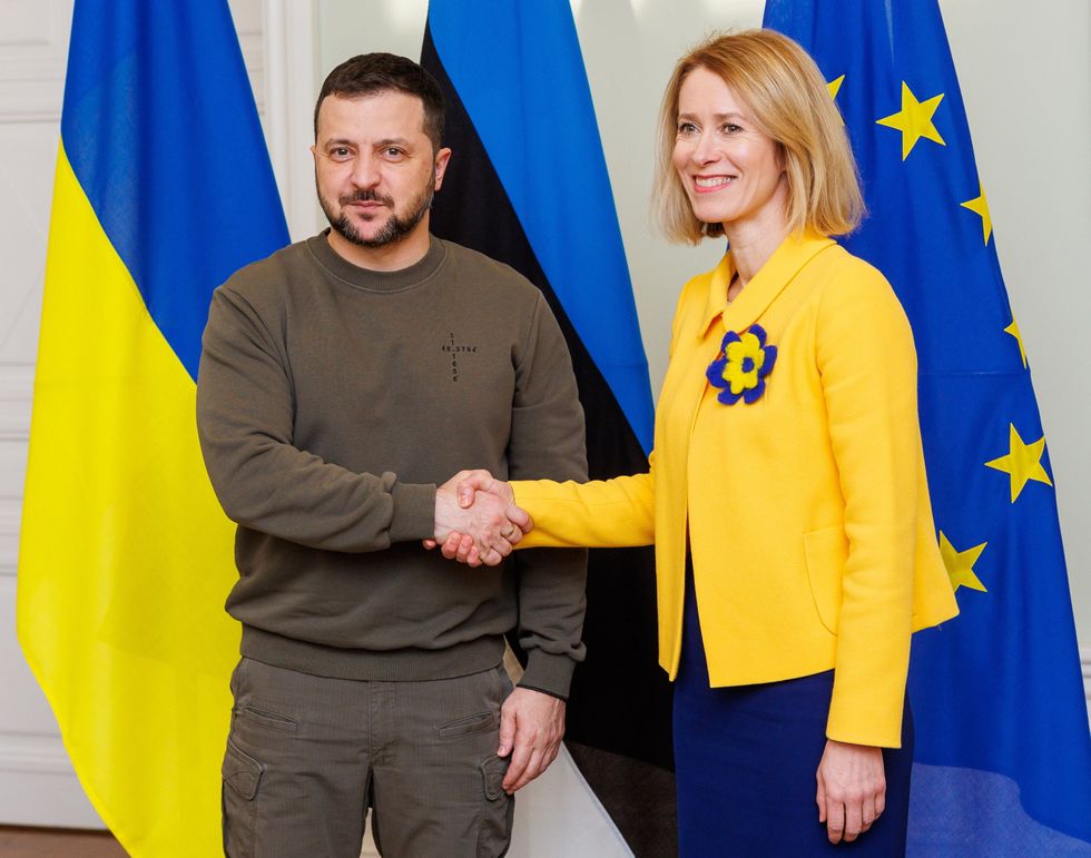 A handout photo made available by the government office of Estonia shows Estonian Prime Minister Kaja Kallas (R) and Ukrainian President Volodymyr Zelensky during their meeting in Tallinn, Estonia, 11 January 2024.