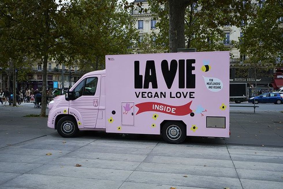 A "La Vie" food truck stands on the Place de la République in Paris.