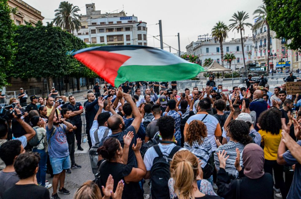 A large protest held outside the French embassy in Tunis to condemn France's support for the ongoing Israeli offensive in the Gaza Strip after Macron's visit.